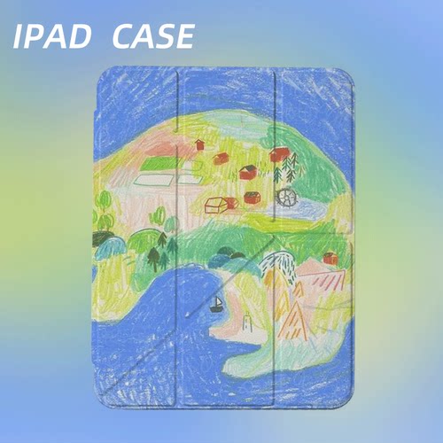 原创艺术兔岛村落iPad2025新款11代苹果Air7防弯Y折ipad壳三折第9代平板壳11寸Pro亚克力适用mini7带笔槽