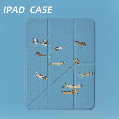 原创可爱小狗泳队iPad2025新款11代苹果Air7防弯Y折ipad壳三折第9代平板壳11寸Pro亚克力适用mini7带笔槽
