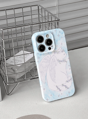 原创Y2K蓝色可爱天使猫咪适用苹果iphone15pro软壳亮面手机壳13p/12/11半包苹果14promax磨砂硬壳大孔保护套
