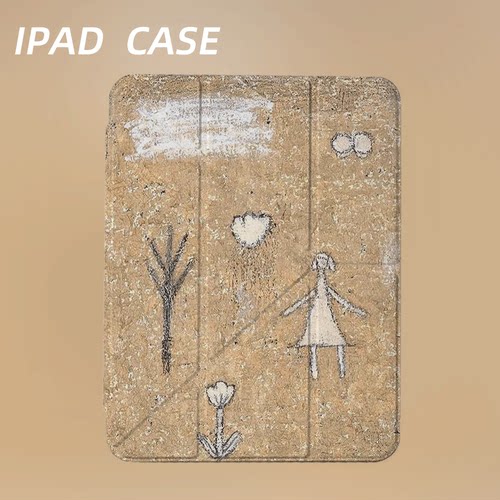 原创复古陶土风小人iPad2025新款11代苹果Air7防弯Y折ipad壳三折第9代平板壳11寸Pro亚克力适用mini7带笔槽
