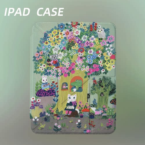 原创可爱花树油画iPad2025新款11代苹果Air7防弯Y折ipad壳三折第9代平板壳11寸Pro亚克力适用mini7带笔槽