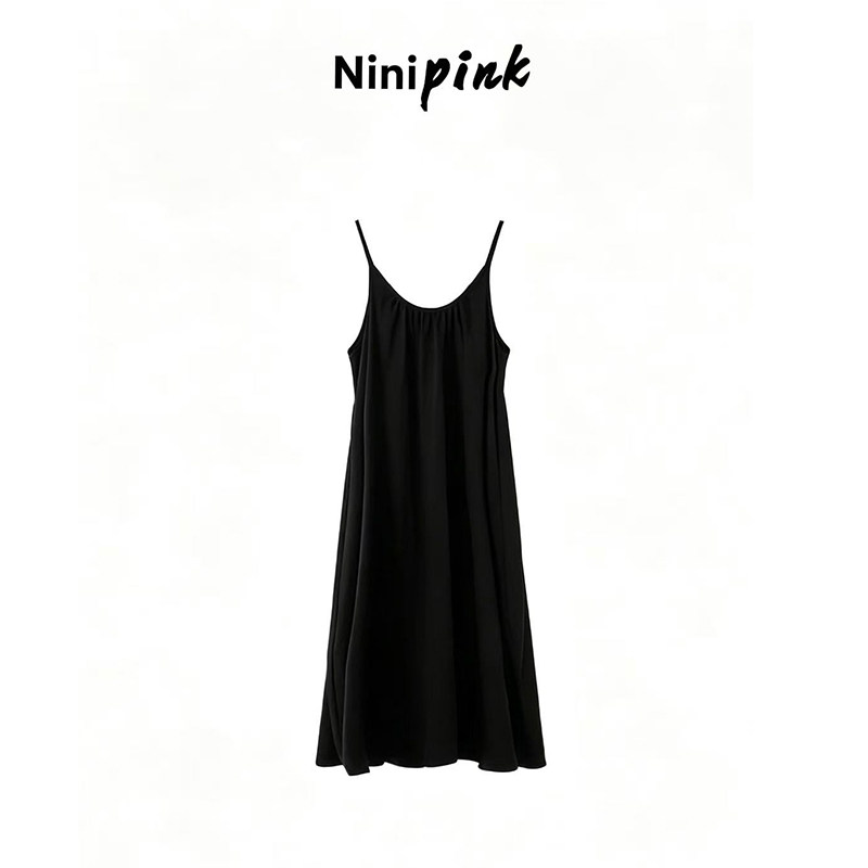NInipink庄不腻自制【黑天鹅】高级感黑色吊带裙气质V领显瘦长裙