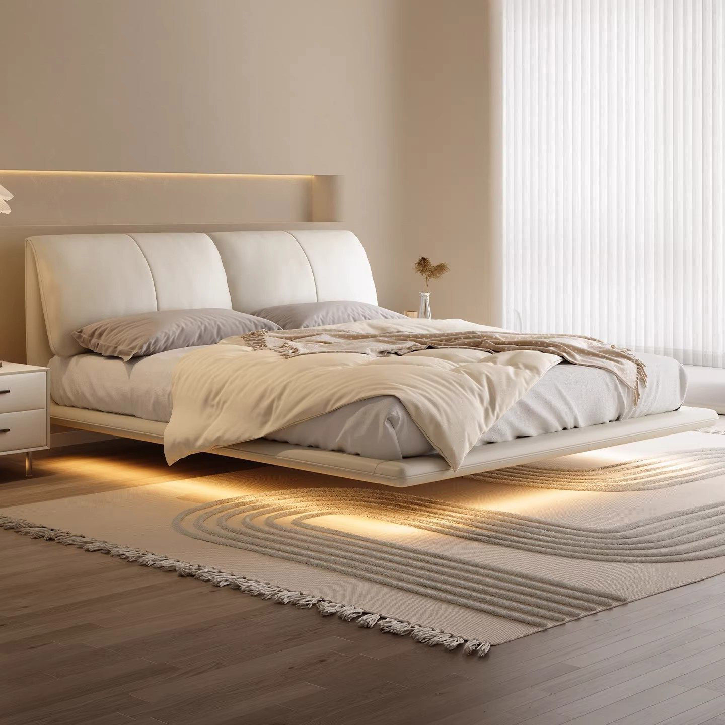 意式极简悬浮床大象耳朵真皮床主卧室网红奶油风白色软包双人婚床