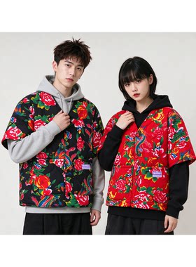 网红东北大花新国潮个性帅气五分袖棉衣马甲男女同款外穿百搭外套