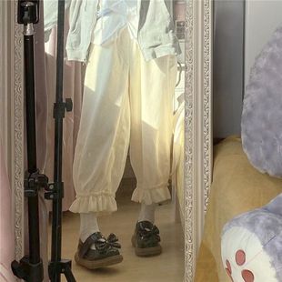 日系软妹灯芯绒束脚裤女秋冬学生宽松休闲裤大码可爱花边九分裤子