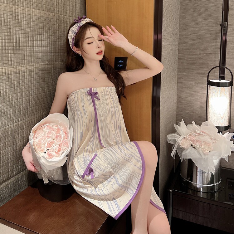 夏季新款舒适宽松可穿浴巾女性感浴裙抹胸吸水柔软浴袍女睡衣套装