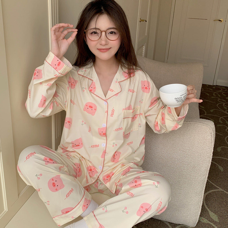 2026春秋季新款可爱卡通小猪睡衣女长袖开衫翻领可外穿家居服套装