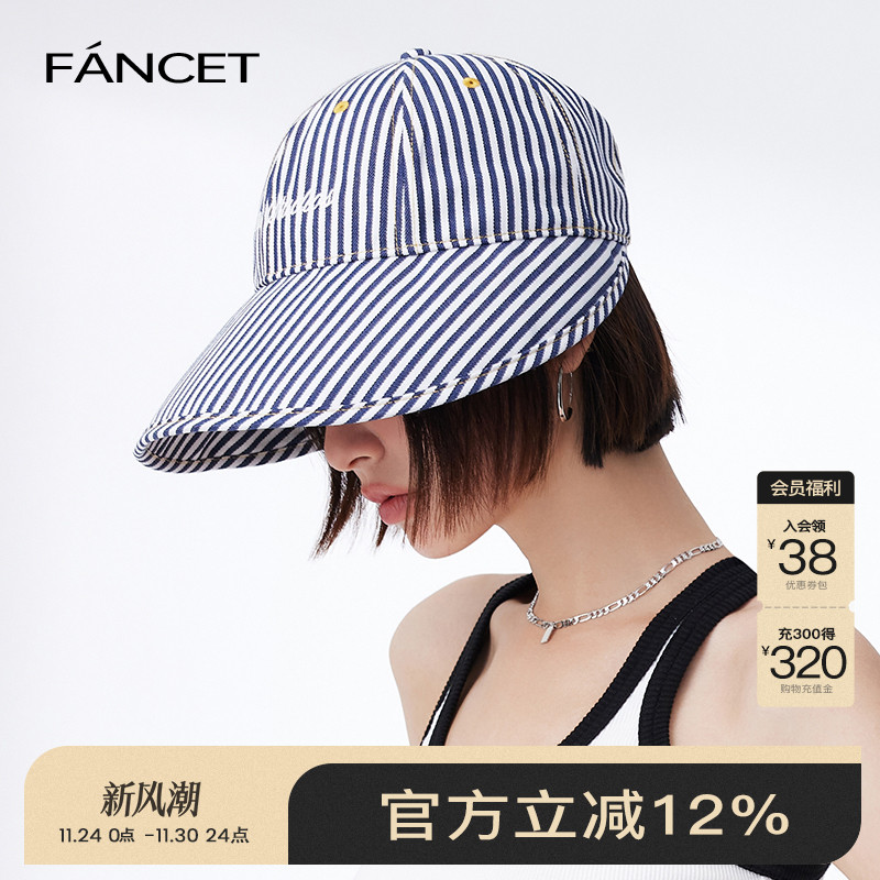 FANCET春夏帽子女防紫外线太阳帽大头围渔夫遮阳防晒帽条纹棒球帽