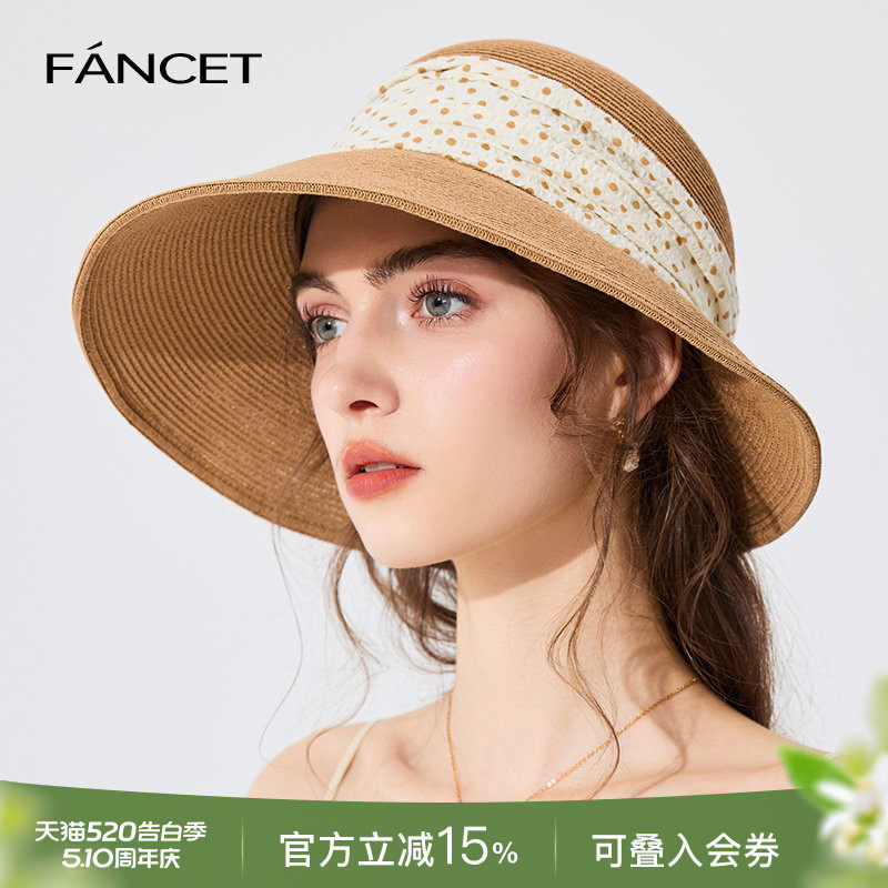 FANCET草帽女春夏新款波点褶皱腰条装饰遮阳出游防紫外线防晒