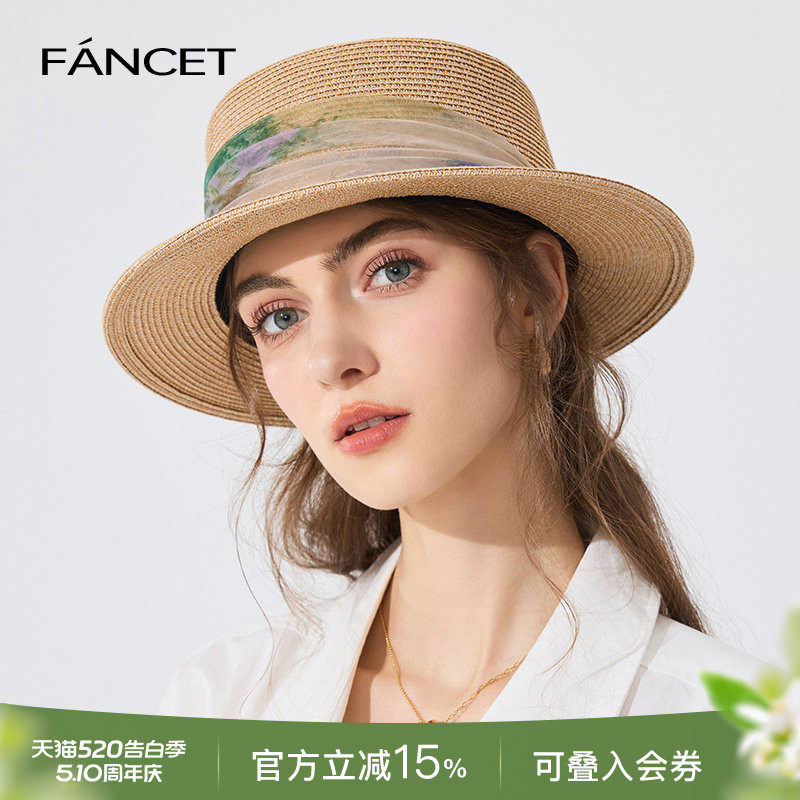 FANCET平顶草帽女春夏新款网纱遮阳防紫外线海边度假法式沙滩帽