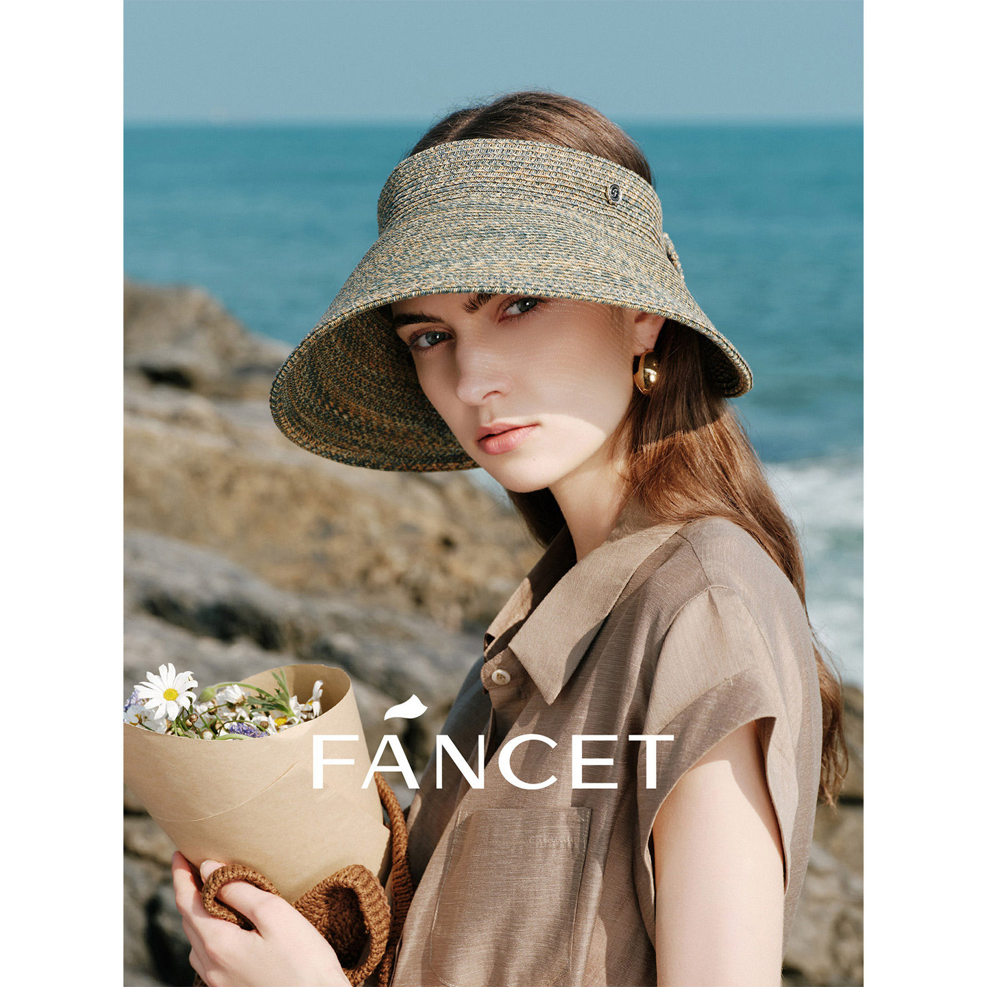 FANCET凡饰防晒帽度假风草编空顶遮阳帽女夏季大檐可折叠太阳草帽