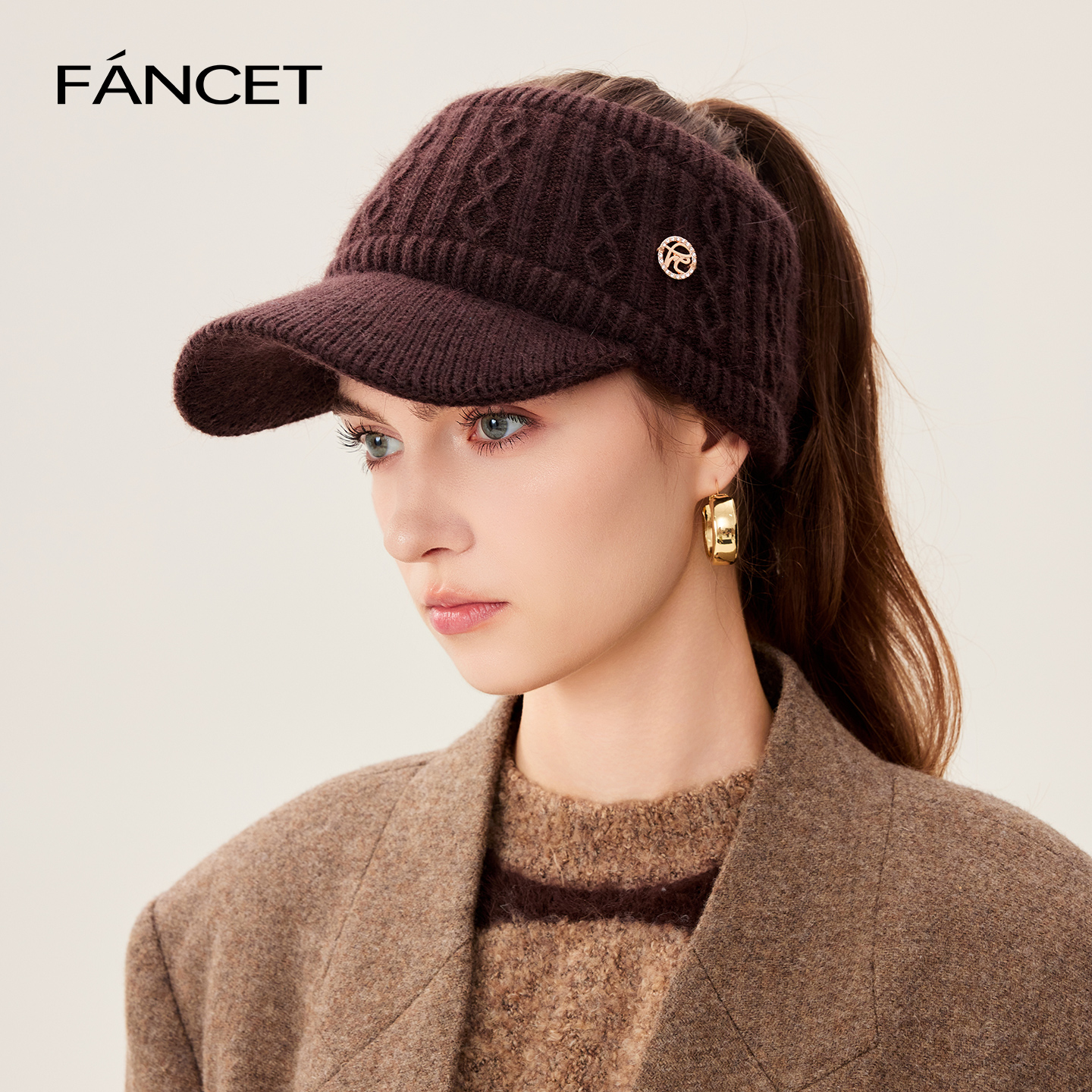 FANCET帽子女冬季毛线帽可扎马尾空顶帽复古绞花针织帽晨跑保暖帽