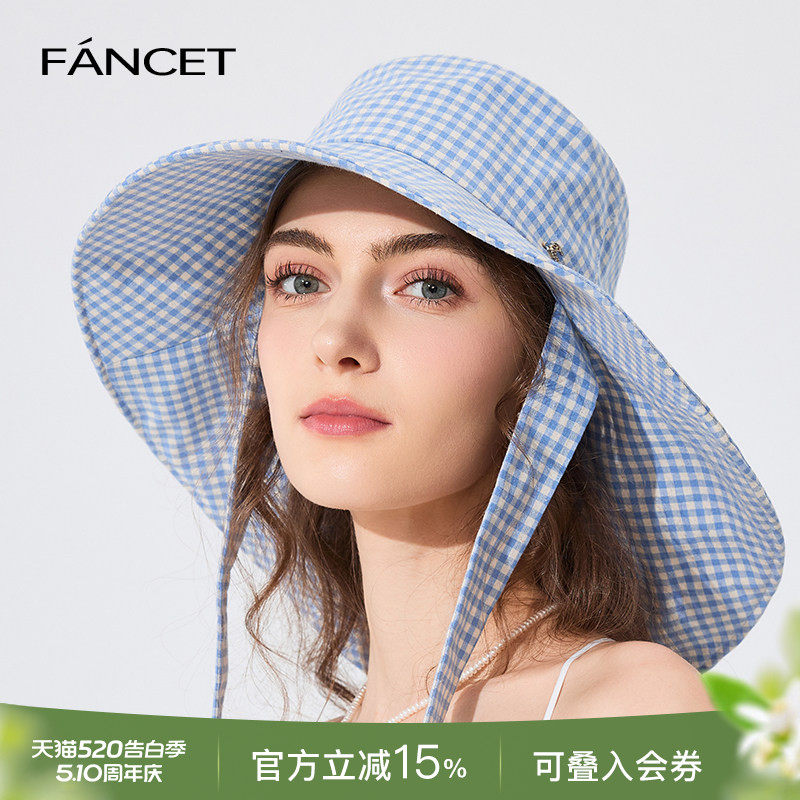 FANCET帽子女春夏防晒帽日系格纹凉帽大檐户外防风出游遮阳太阳