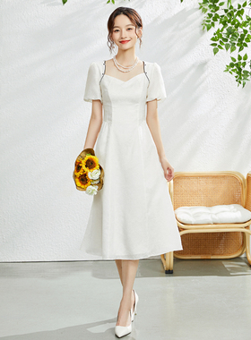 固执夏季新款提花法式气质方领泡泡袖长款连衣裙10832LQ07984