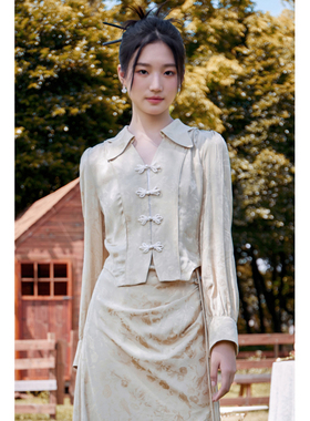 固执2023秋季新款中式v领提花长袖上衣女52233CS08442