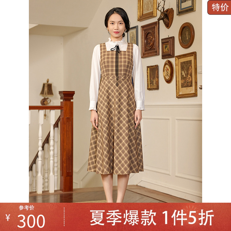 固执2025春季新款复古学院无袖格子方领中长连衣裙90251LQ07887