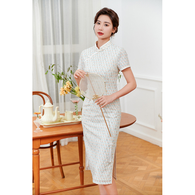 固执夏季新款中国风蕾丝印花短袖改良中长旗袍裙80132QP08040