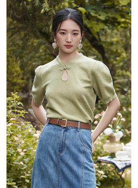 固执2023秋季新款中式立领短袖针织衫毛衣女装40033MY08434