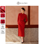 6.2折 中长款 固执春季 立领提花高腰泡泡长袖 旗袍连衣裙 新中式