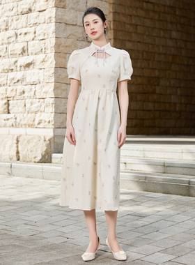 固执2023秋季新款中式立领提花短袖中长款连衣裙80133LQ08360