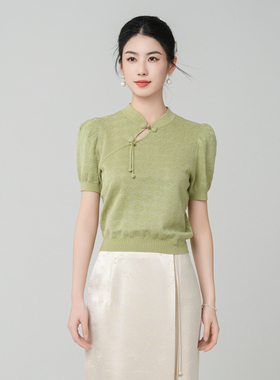 固执夏季国风气质小清新绿色复古花纹短款短袖针织上衣女9190