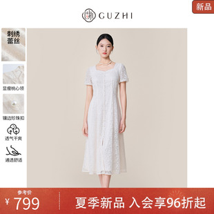 蕾丝高腰中长款 固执2025夏季 气质通勤方领泡泡袖 新款 连衣裙女 法式