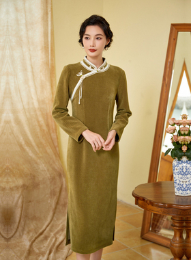 固执新款中式钉珠立领中长款改良旗袍连衣裙40334QP08660