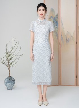 固执夏季新款中式蕾丝短袖中长款旗袍连衣裙32442QP09136