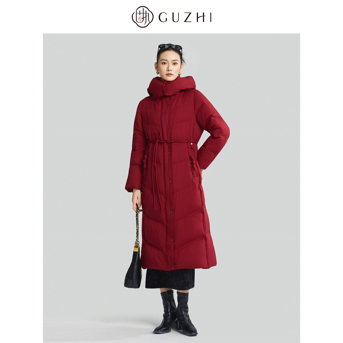 固执2025秋冬新款新中式立领腰带长袖长款羽绒服女上装