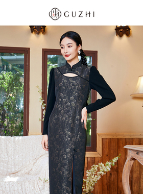 固执新款中式提花改良长袖旗袍中长连衣裙00033QP08327