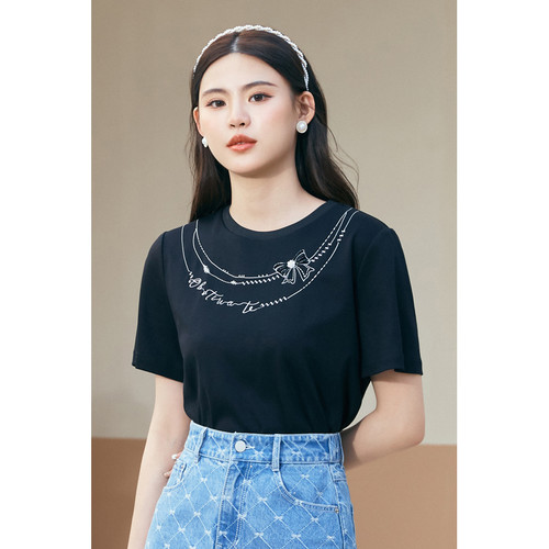固执夏季新款复古刺绣钉珠圆领短袖t恤女装00032TX08215
