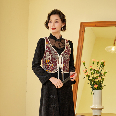 固执新款中式灯芯绒提花无袖短款马甲外套女70033MJ08504