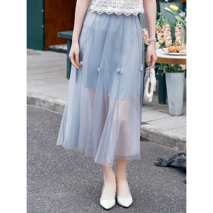 固执夏季 高级灰蓝色半身裙艺术感网纱缎面蝴蝶结半裙9203 法式