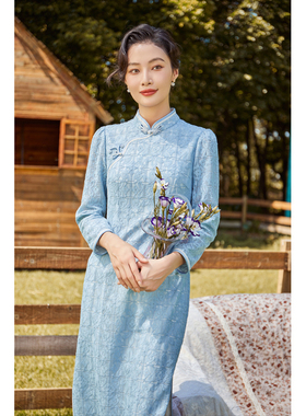 固执新款中式立领蕾丝长袖中长款旗袍连衣裙32833QP08383