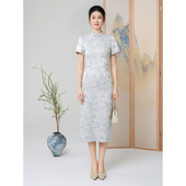 黛山 固执 夏季 清雅民国风山水画提花中长款 旗袍裙 短袖 特价