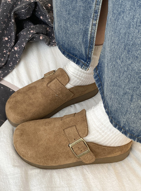 娇彤 勃肯鞋女包头半拖外穿懒人鞋反绒皮金属扣带全包增高厚底鞋