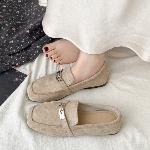 娇彤春季绒面平底一脚蹬乐福鞋