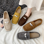 豆豆鞋 娇彤 新款 绒面方头平底一脚蹬休闲小单鞋 乐福鞋 女2026春季
