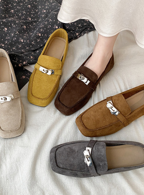 娇彤 乐福鞋女2026春季新款绒面方头平底一脚蹬休闲小单鞋豆豆鞋