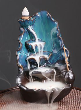 跨境亚马逊陶瓷荷花烟回流瀑布香炉创意蓝莲花倒流香薰炉家居摆件