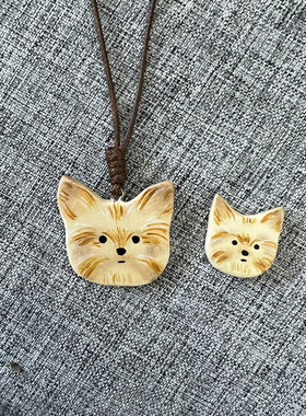 原创纯手绘石塑粘土猫狗项链毛衣链小米珠可爱卡通女小众设计礼物