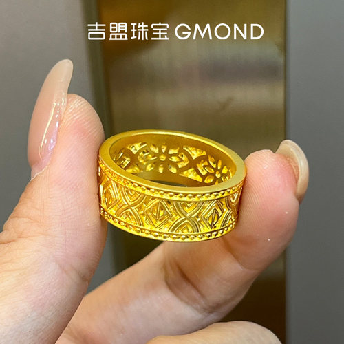 沙漏古法黄金戒指999足金镂空