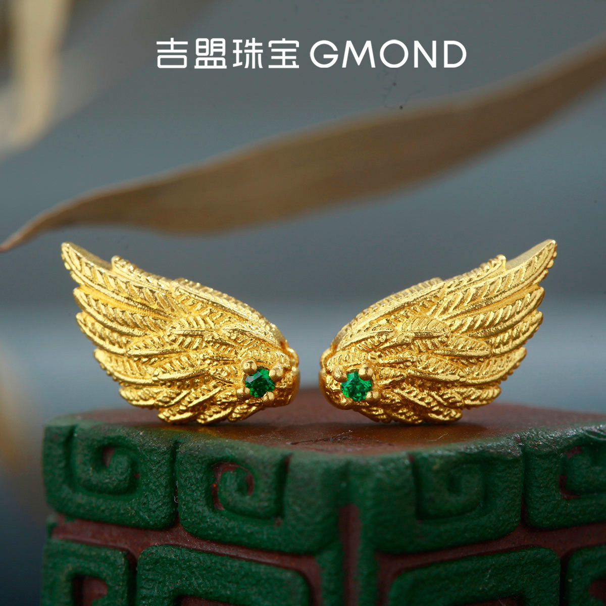 吉盟珠宝999足金翅膀古法黄金隔珠天使之翼文玩108珠串配饰新中式