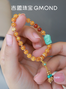 吉盟珠宝古法银蜜蜡手串女款美松扎基拉姆转运珠手链新中式国潮