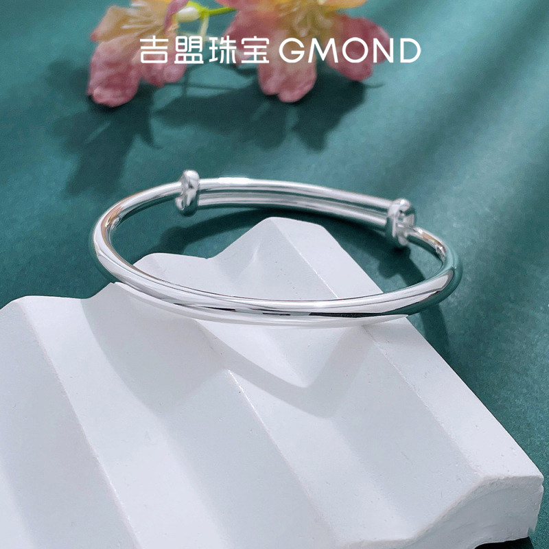 吉盟珠宝足银实心推拉手镯经典光面素圈光圈圆管圆棍送女友礼物
