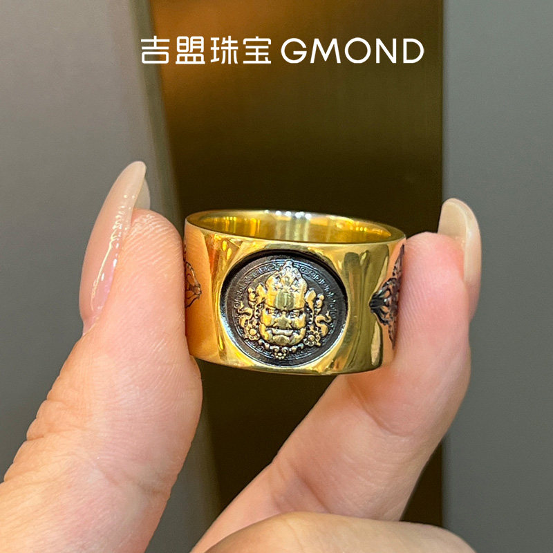 吉盟珠宝电黑黄财神古法黄金戒指男999足金扳指固口光面实心宽版