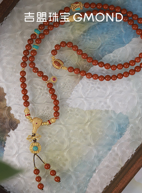 吉盟珠宝古法银南红玛瑙项链坠女藏式文玩美松毛衣链新中式国潮