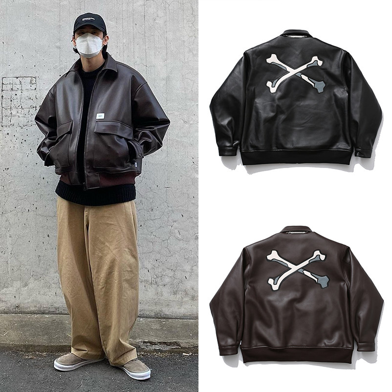 余文乐wtapsbaseball jacket西山彻23aw骨头刺绣飞行皮夹克男皮衣