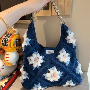 手工钩针钩织祖母格包小圆纱空心纱diy编织单肩手提斜挎休闲包礼