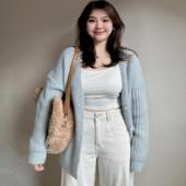 微胖MM蓝色V领毛衣开衫 外套女秋冬季 外穿宽松温柔慵懒风针织上衣